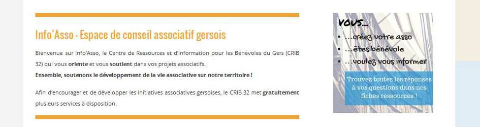 Capture d'écran de la page d'accueil du site Info'Asso 32 - CRIB du Gers